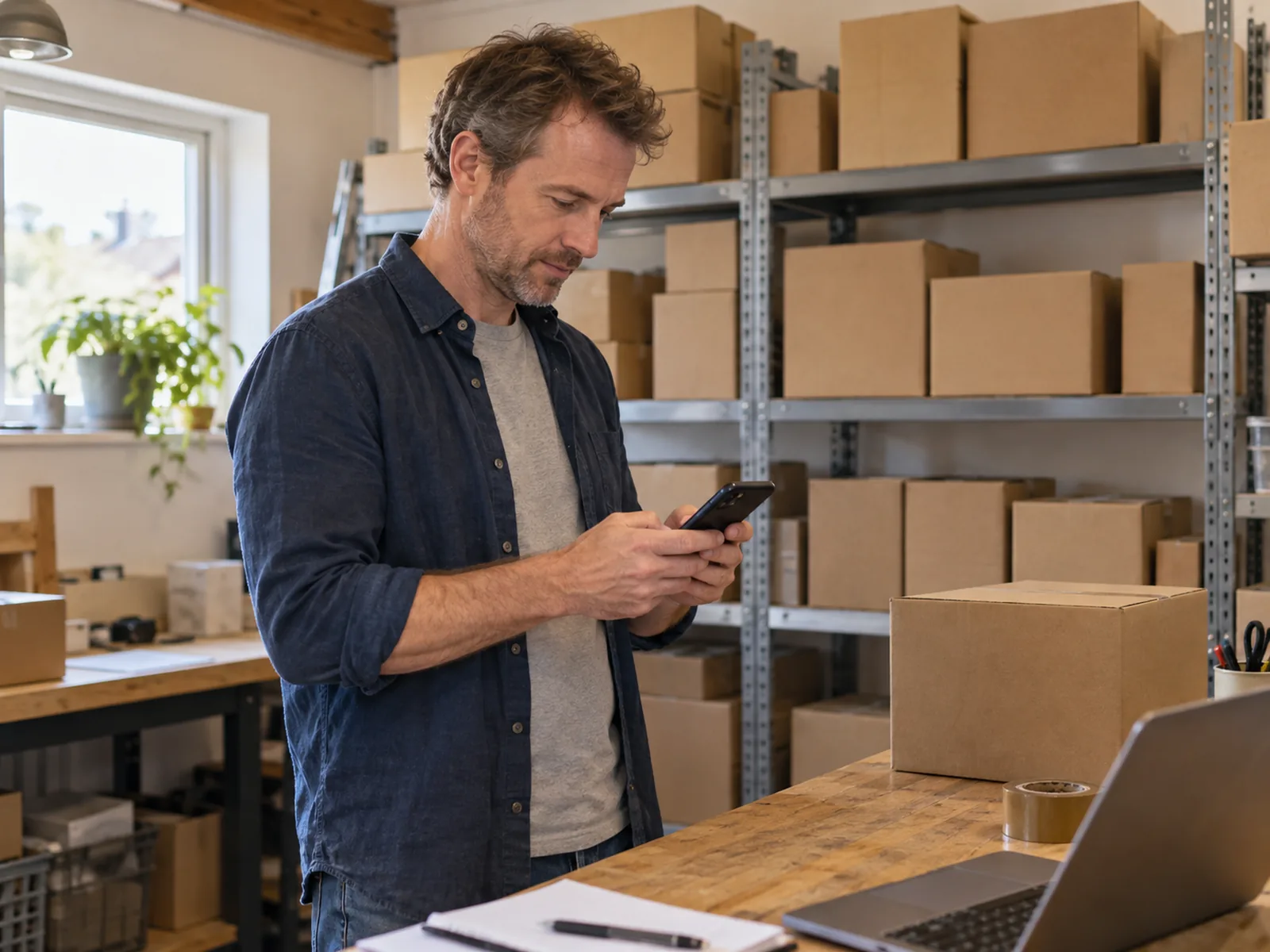 Man in a denim shirt checking his phone among shelves of boxes in a stockroom