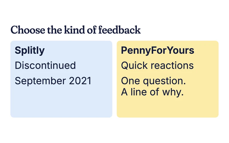 Example comparison card: Splitly discontinued and PennyForYours quick reactions