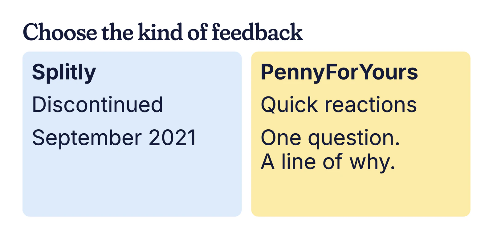 Example comparison card: Splitly marked discontinued, September 2021; PennyForYours for quick reactions