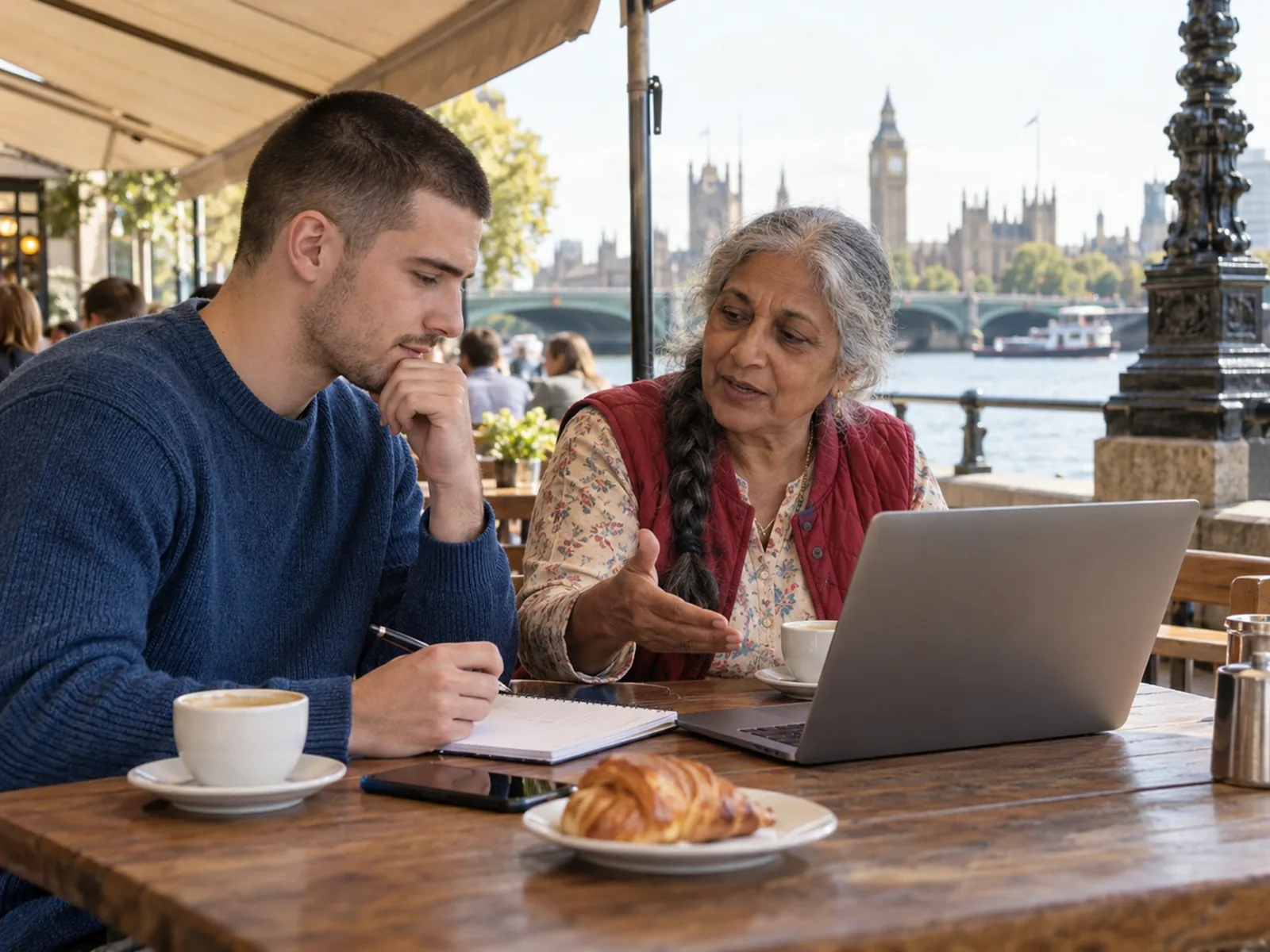 Young man and an older woman with a grey plait talking over a laptop at a riverside café