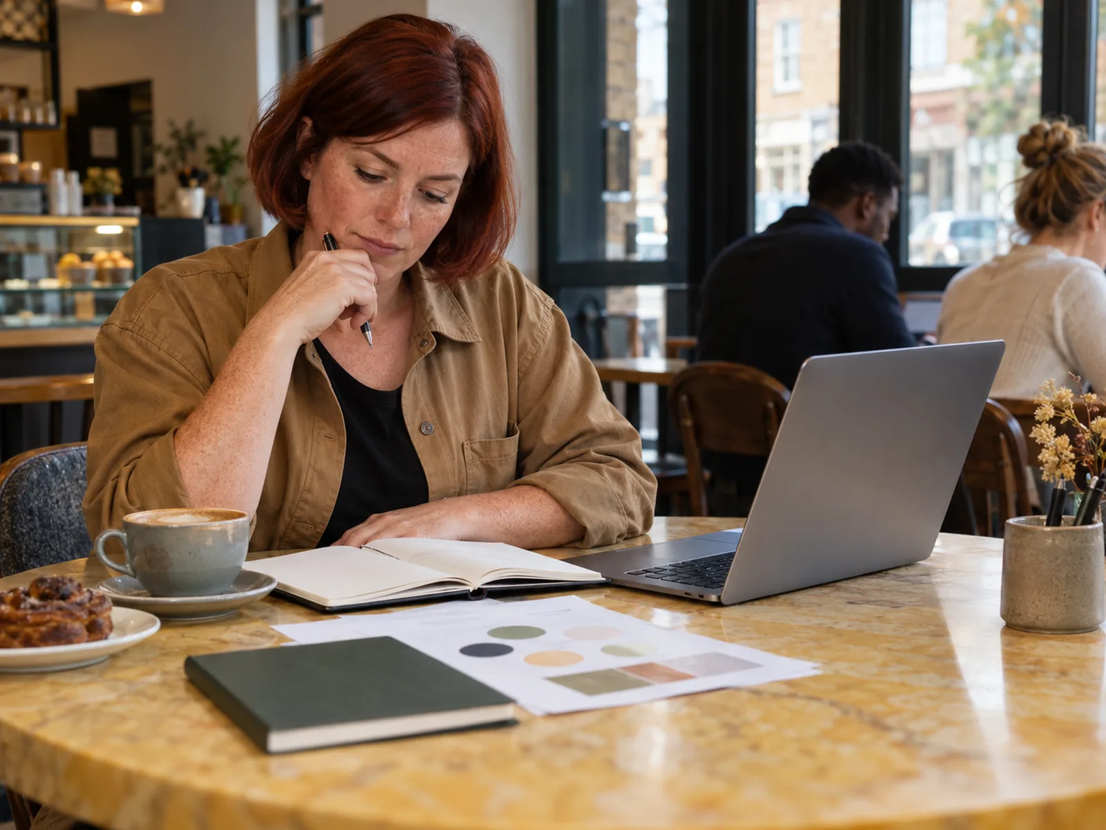 Woman with a red bob writing name ideas in a notebook at a yellow marble café table