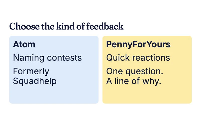 Example comparison card: Atom naming contests and PennyForYours quick reactions