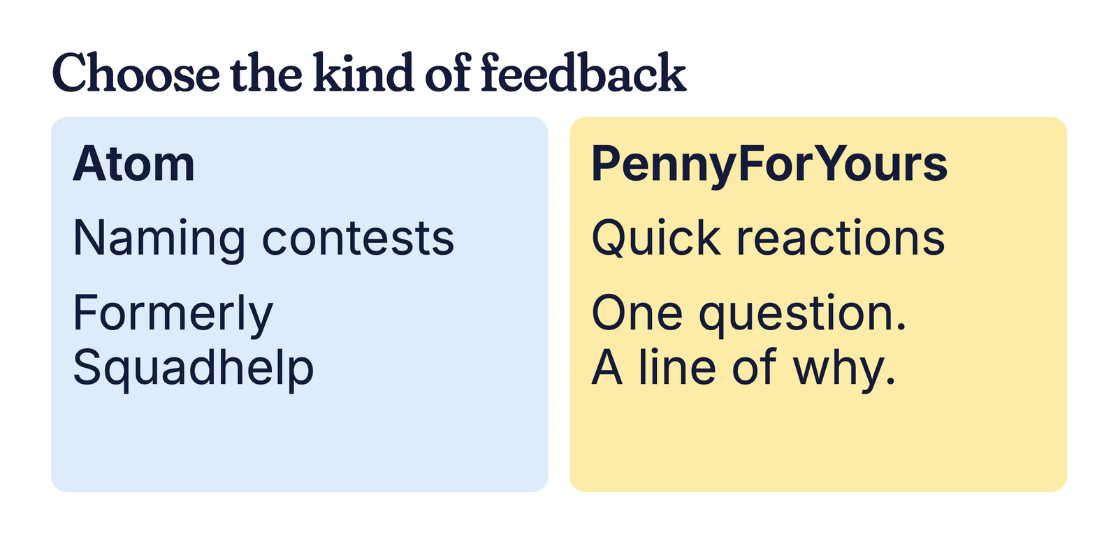 Example comparison card: Atom, formerly Squadhelp, for naming contests; PennyForYours for quick reactions