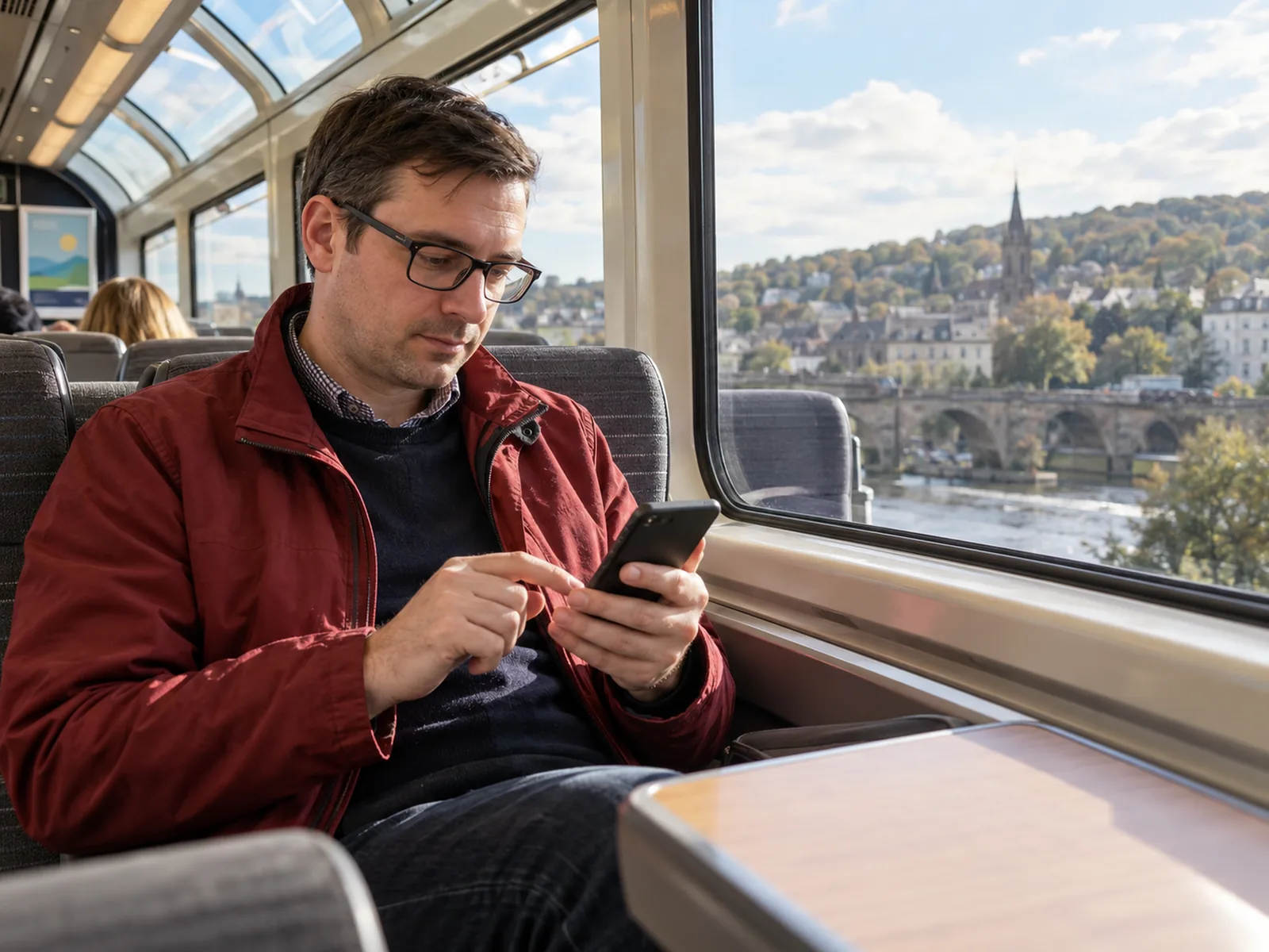 Man in glasses and a red jacket checking his phone in a train carriage with a glass roof