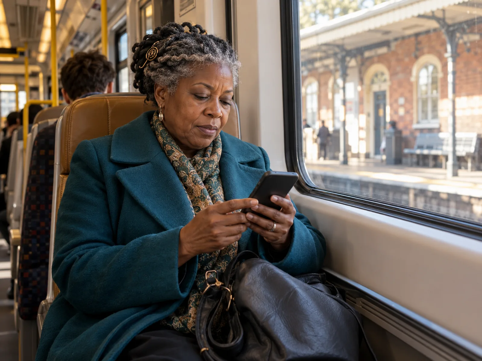 Woman with grey twists and a teal coat reading her phone on a train at a brick station