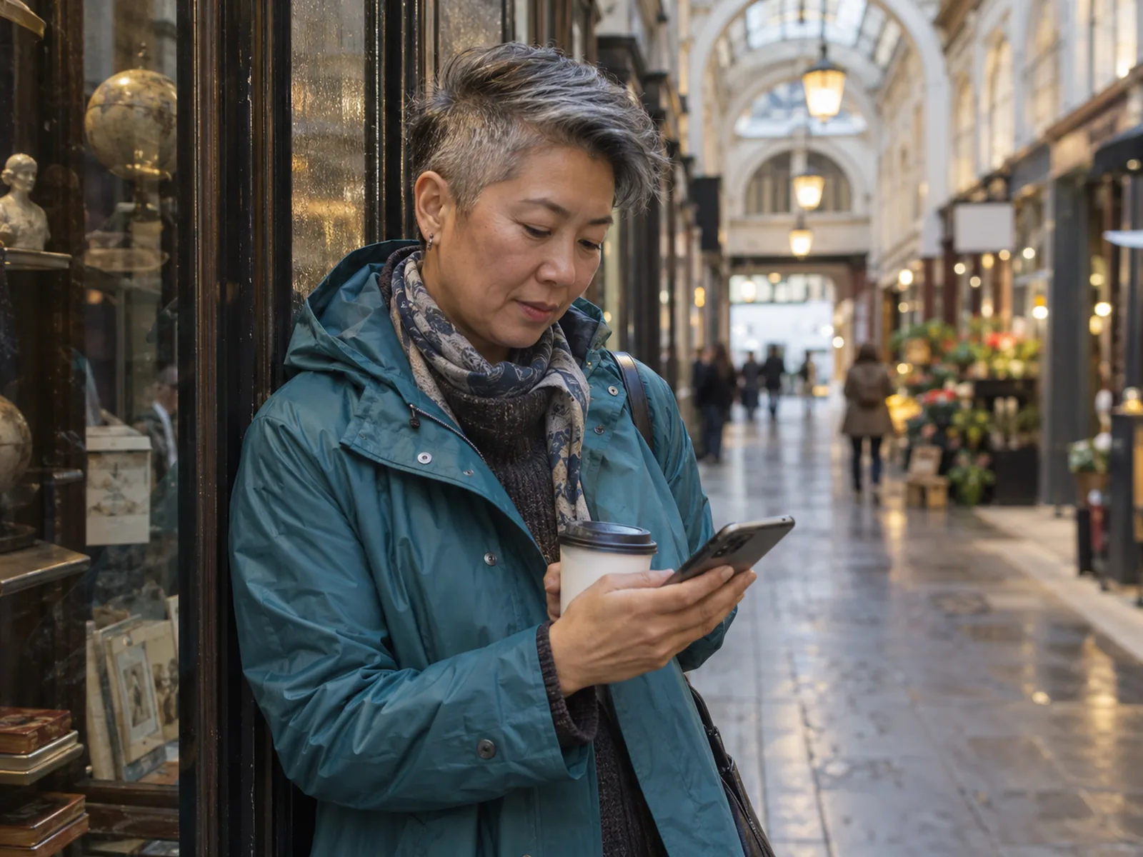 Woman with a grey undercut and a teal raincoat checking her phone in a covered shopping arcade