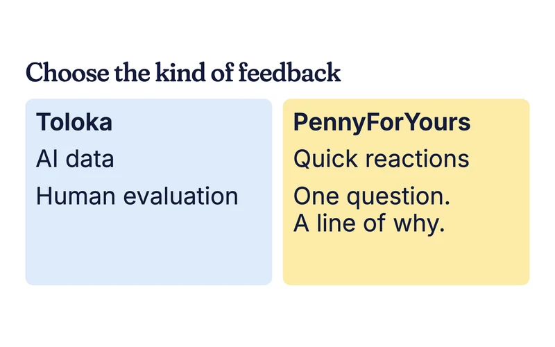 Example comparison card: Toloka AI data and PennyForYours quick reactions