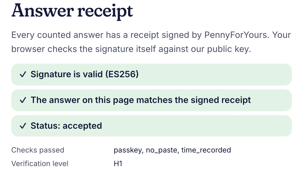 Answer receipt panel with three green checks: signature valid (ES256), answer matches, status accepted