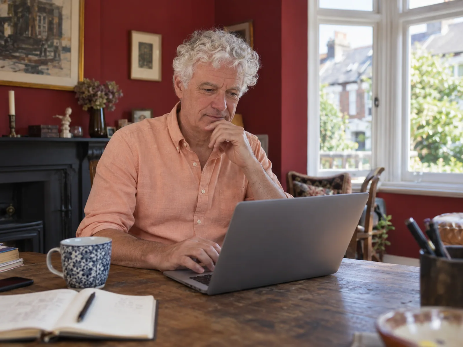 Man with curly white hair working on a laptop at a desk by a bay window in a red room