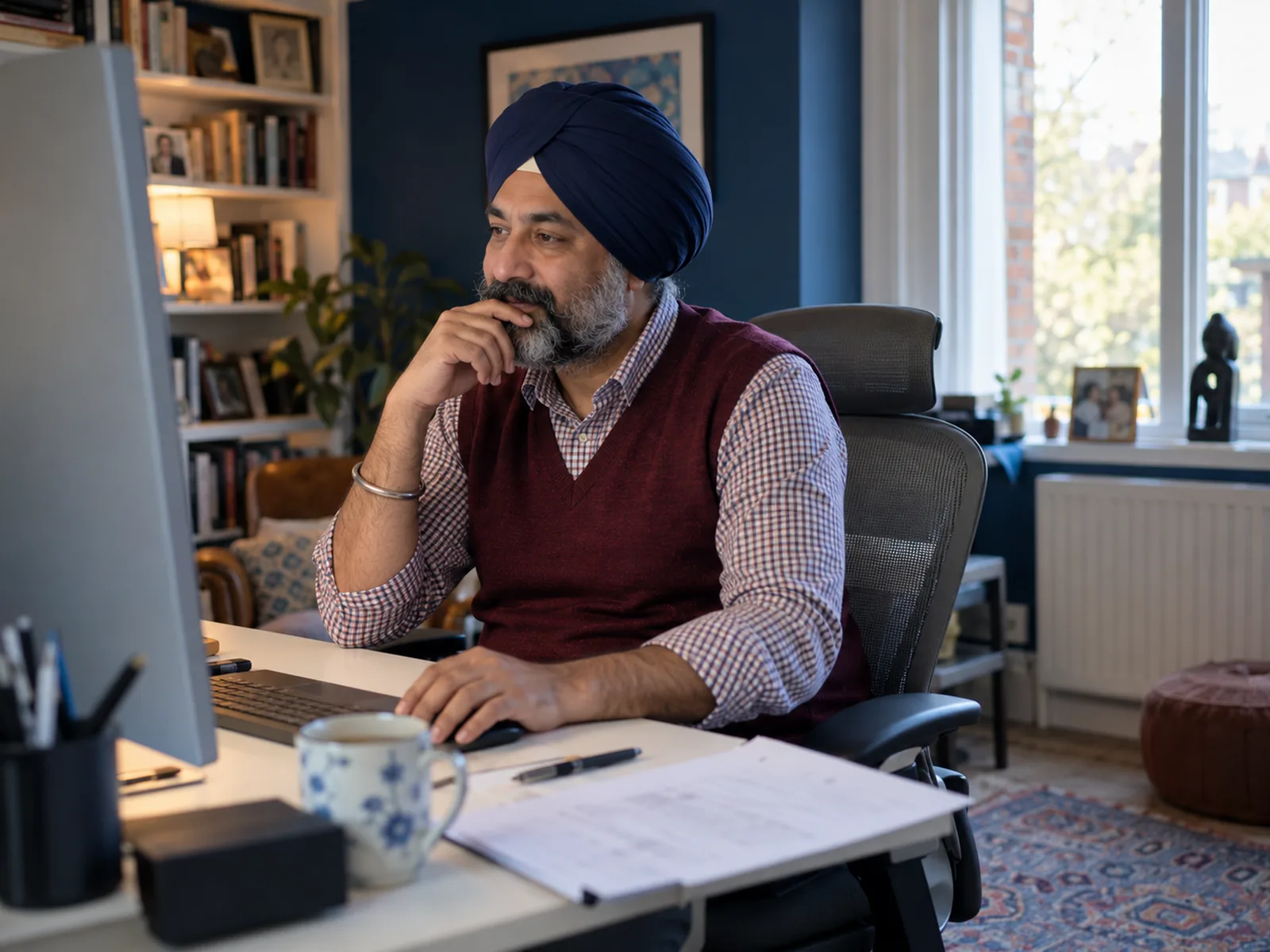 Man in a navy turban and burgundy vest looking at a large monitor in an indigo home study