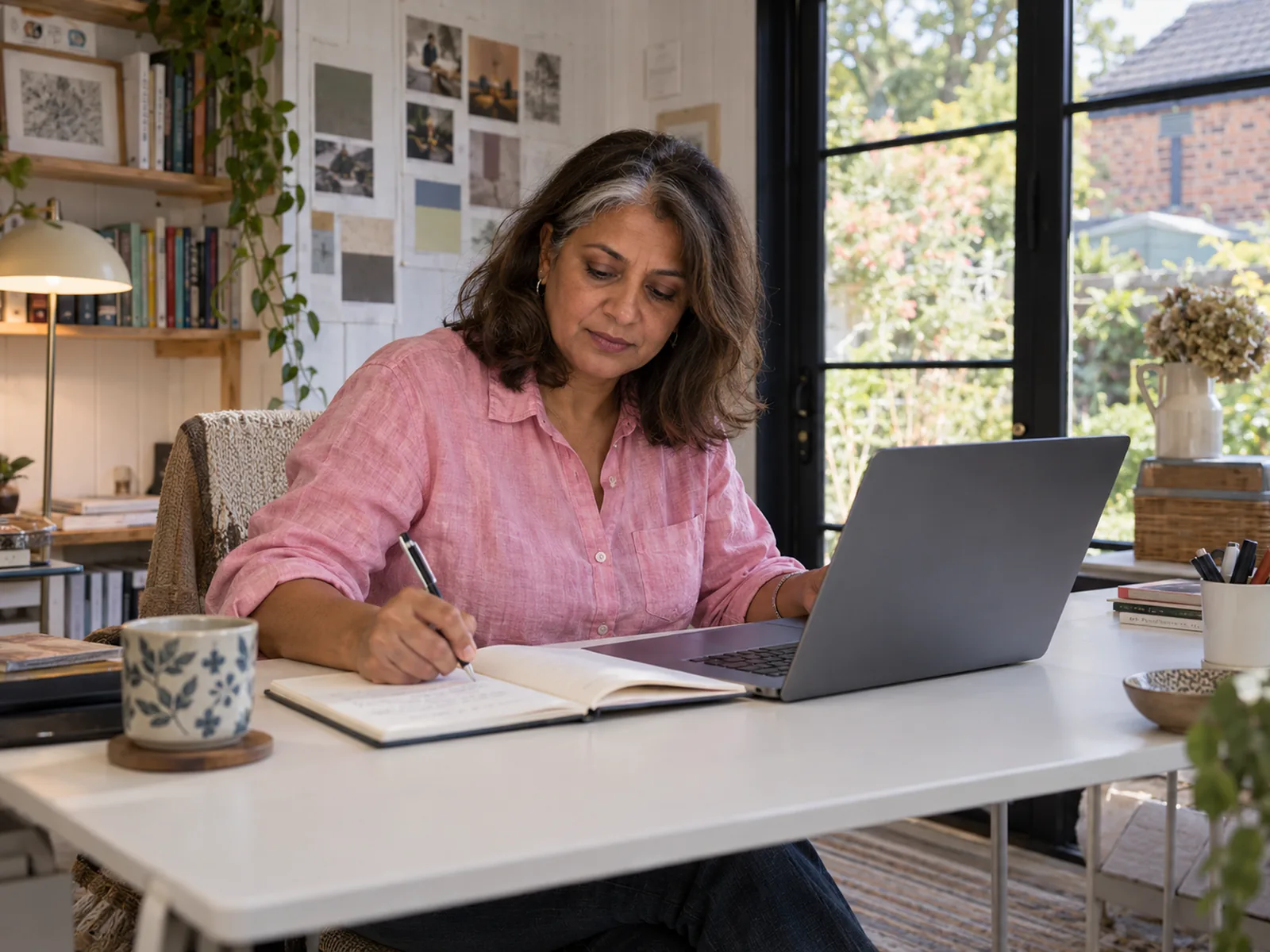Woman in a pink shirt writing in a notebook beside a laptop in a garden studio