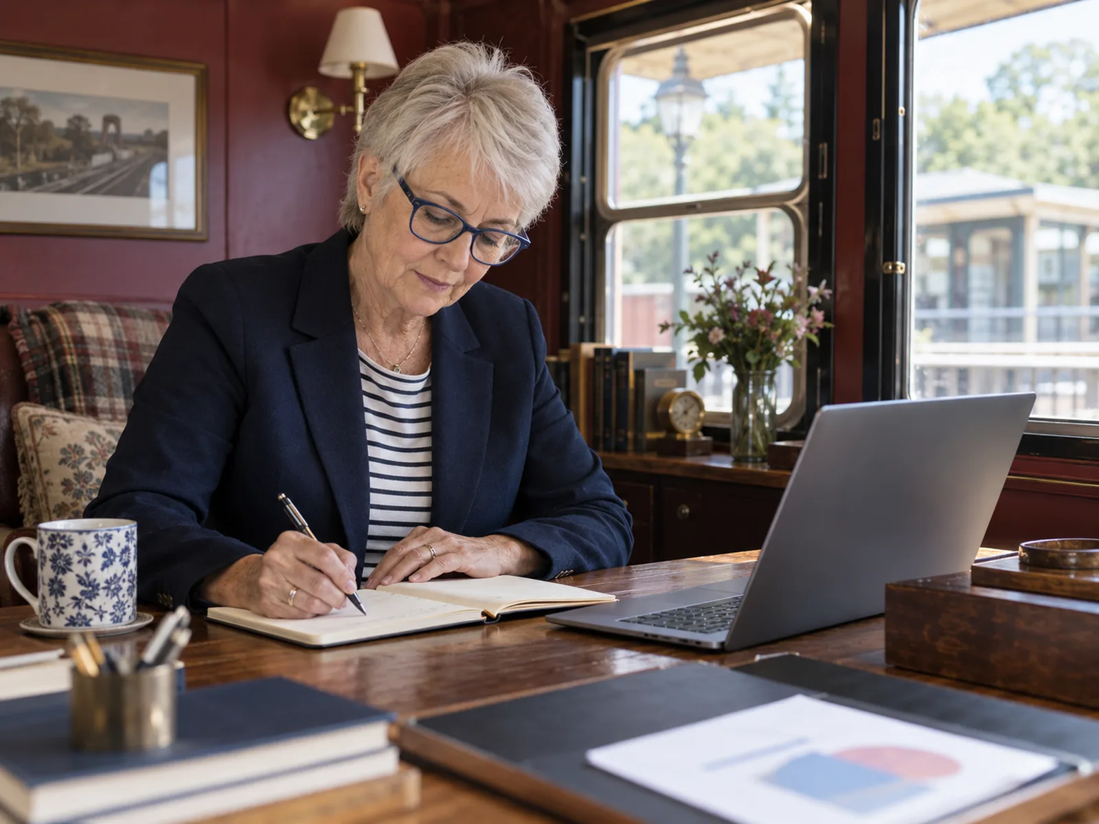 Older woman with a silver pixie cut and blue glasses writing beside a laptop at a wooden desk