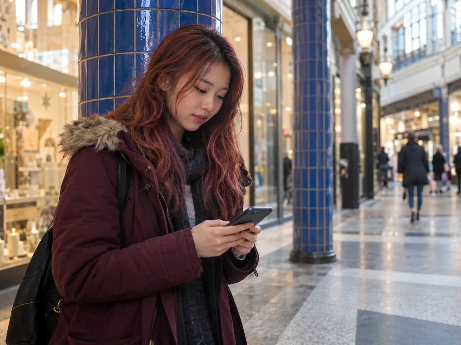 Young woman with long reddish hair reading her phone beside blue-tiled columns in an arcade