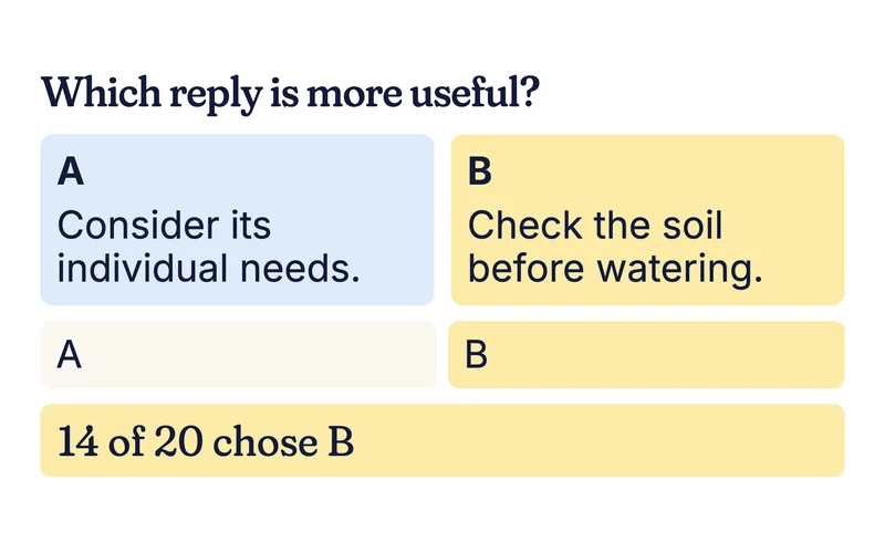 Example pairwise test of two model replies about watering a plant