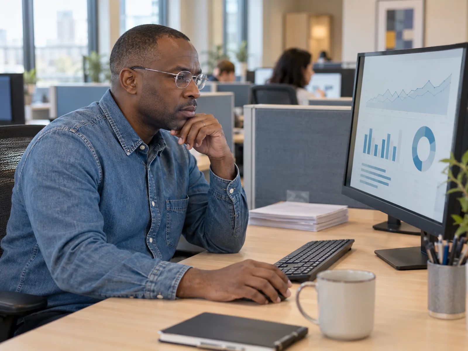 Man in silver glasses and a denim shirt reviewing charts on a monitor in an open-plan office