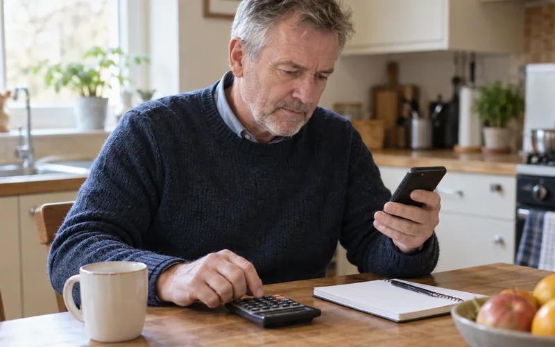 Grey-haired man checking his phone beside a calculator and notebook