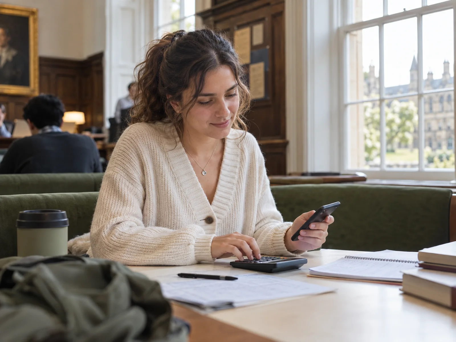Young woman in a cream cardigan checking her phone beside a calculator in a common room