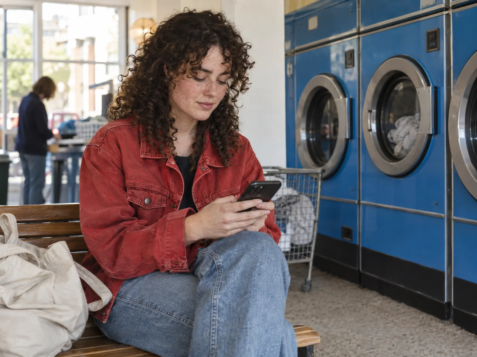 Woman with dark curly hair checking her phone while waiting in a laundrette with blue machines
