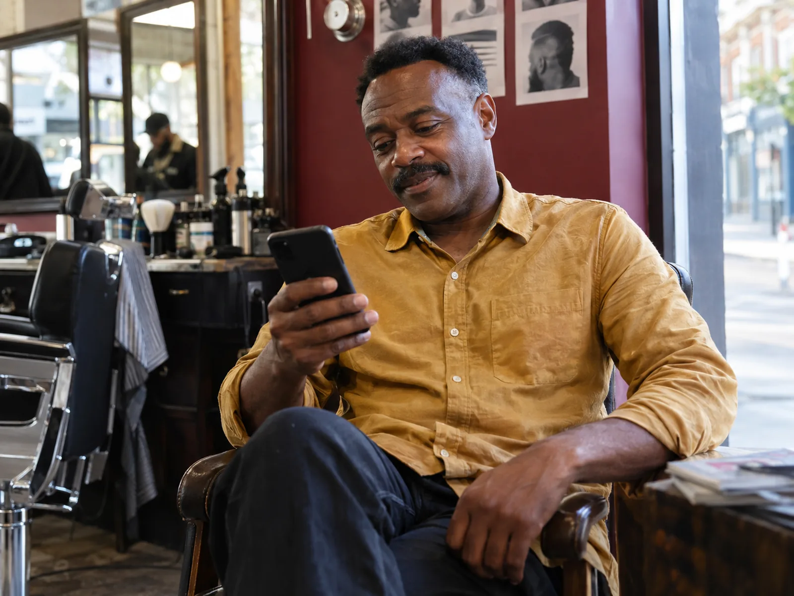 Man in a gold shirt checking his phone in a barbershop chair on a break
