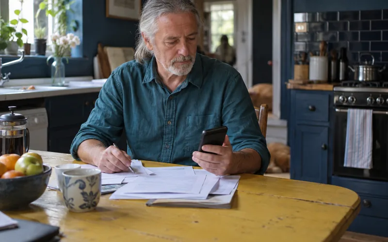 Older man with a grey ponytail checking his phone and papers at a kitchen table