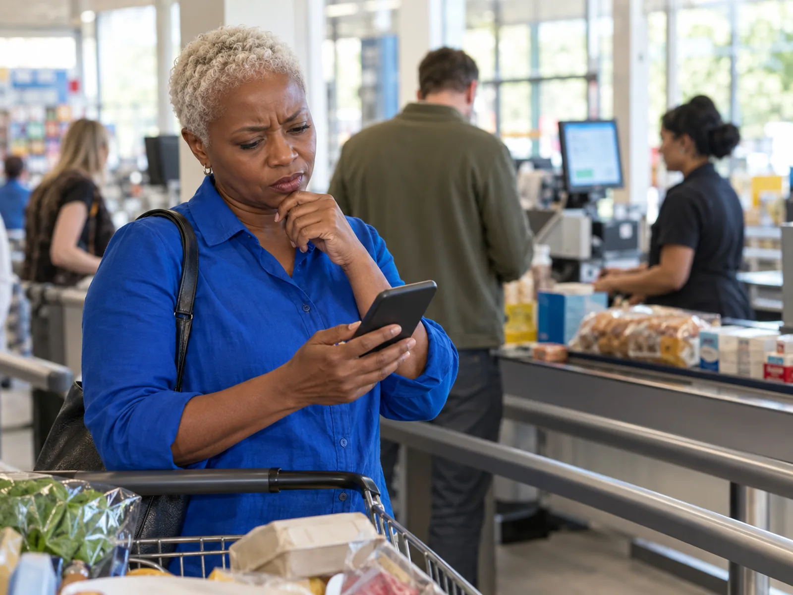 Woman with short white curls frowning at her phone in a supermarket checkout queue