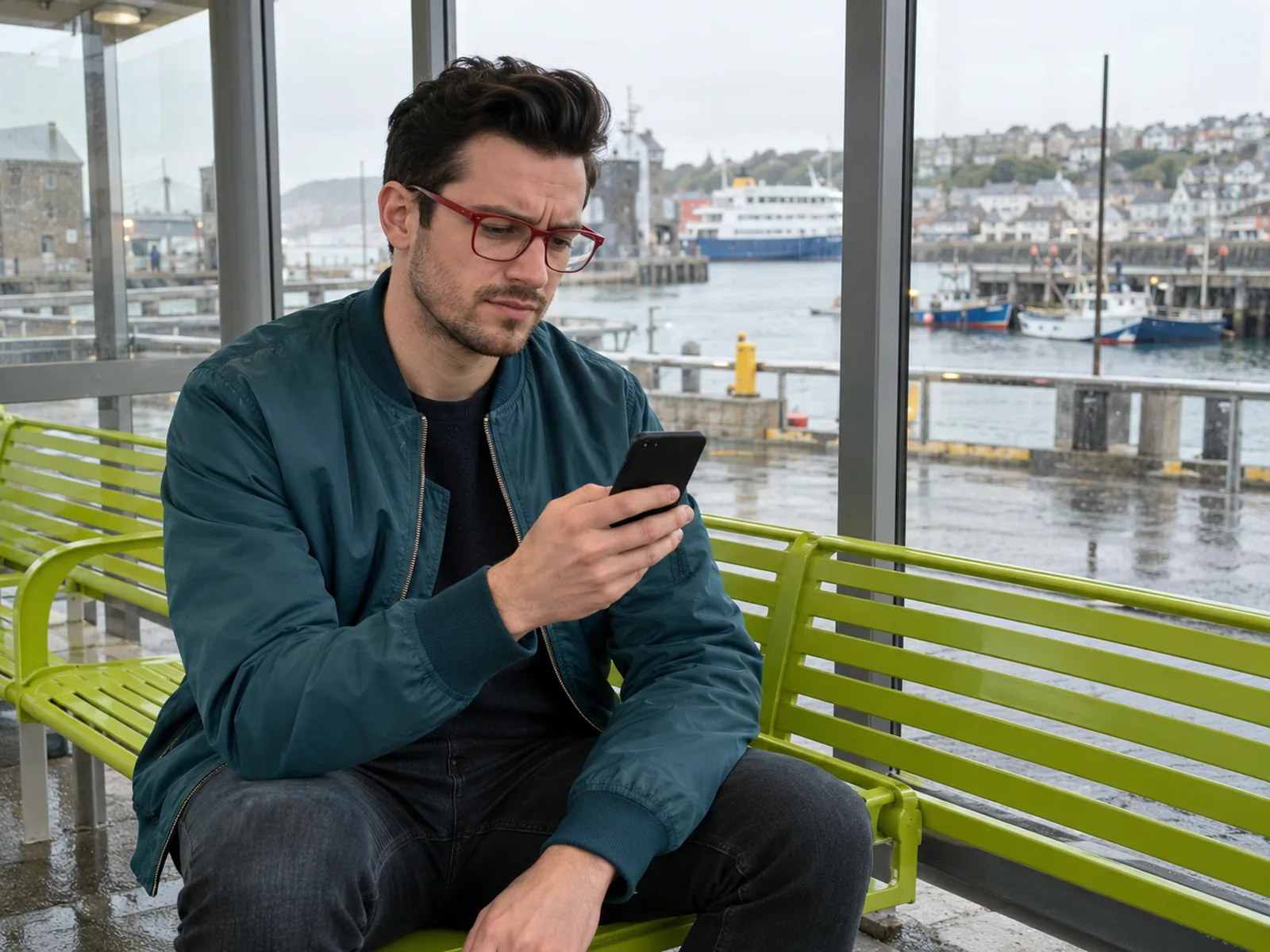 Man in red glasses and a teal jacket frowning at his phone on a bench at a ferry terminal
