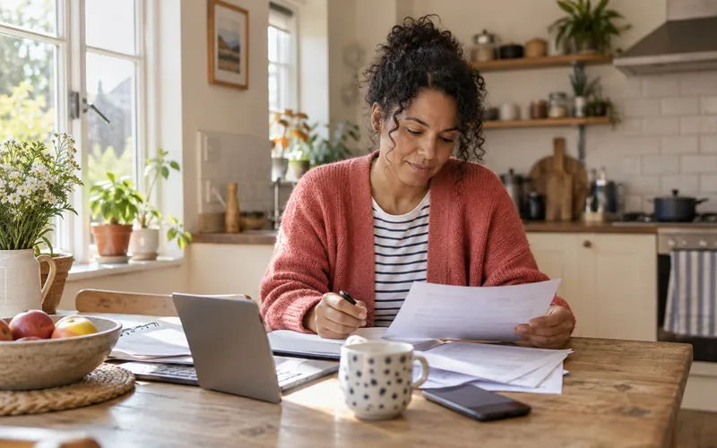 Woman in a coral cardigan checking paperwork beside a laptop at a kitchen table