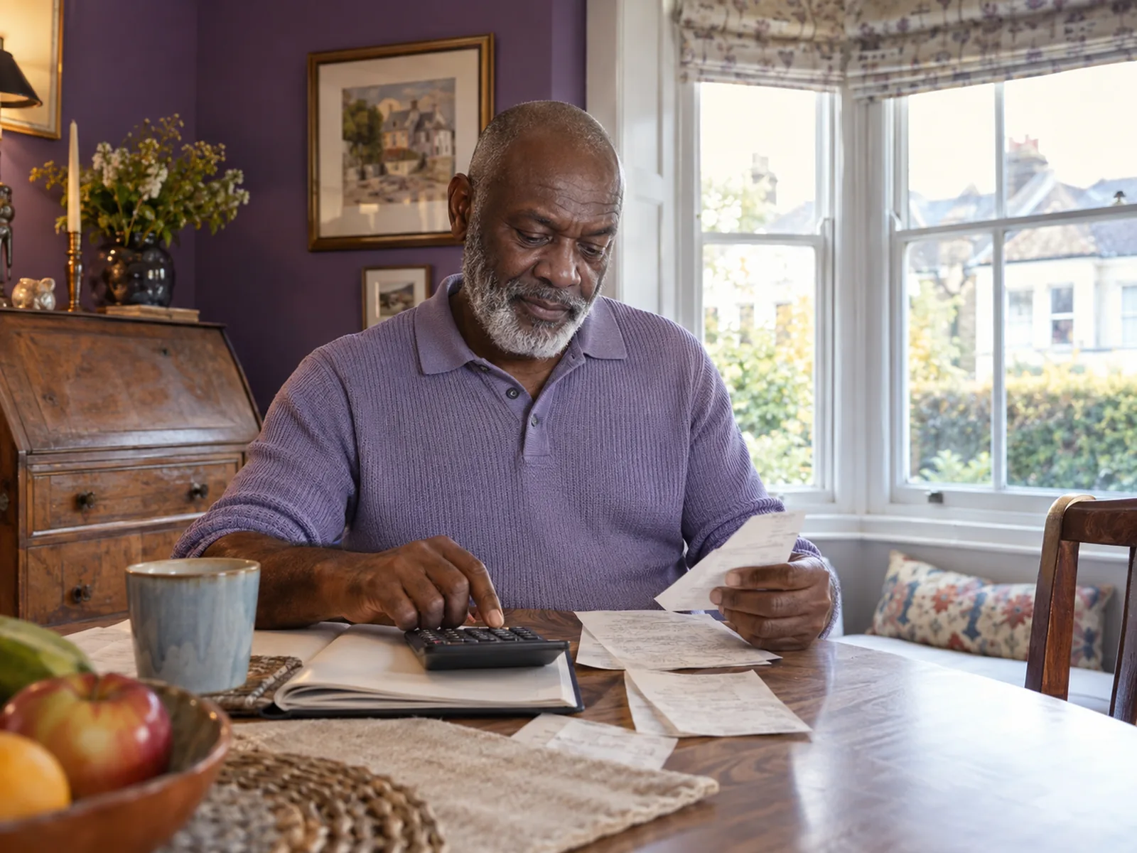 Man with a grey beard checking receipts with a calculator at a wooden table by a bay window