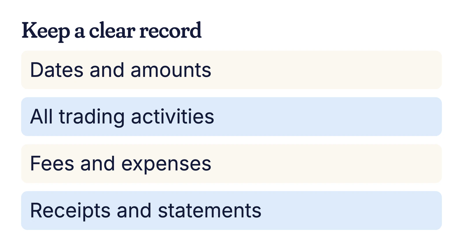 Example checklist for keeping a clear record: dates and amounts, all trading activities, fees, receipts and statements