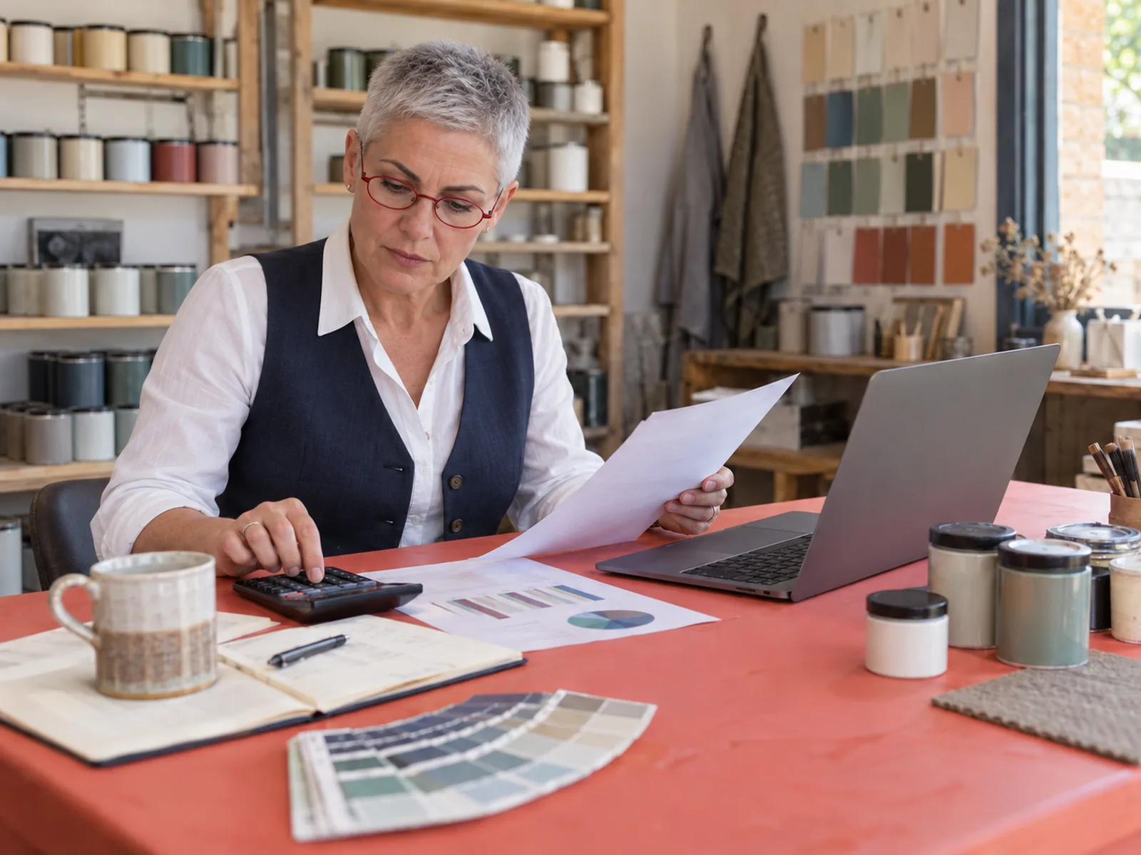 Woman with a silver buzz cut and red glasses working through prices with a calculator at a coral desk